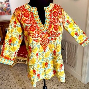 AMAYA TEXTILES Yellow Cotton Print Embroidered Tunic! Cotton. Orange Embroidery